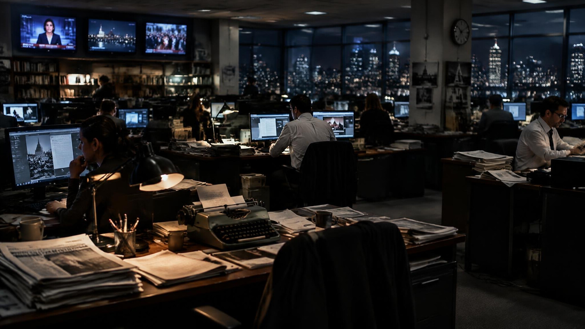 Newsroom desk with typewriter and documents at night