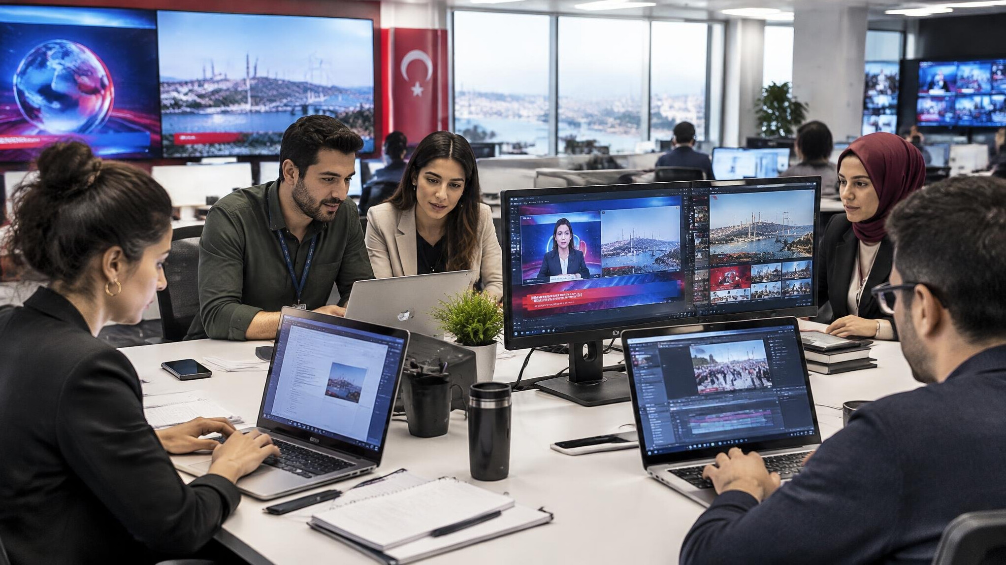 Team of journalists working on laptops together